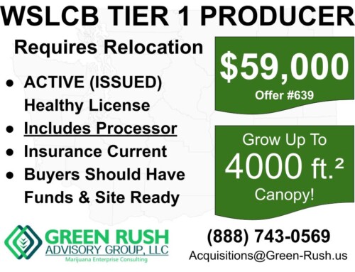 I-502 / WSLCB CANNABIS PRODUCER, TIER 1 / CANNABIS PROCESSOR LICENSE FOR SALE, OFFER #639